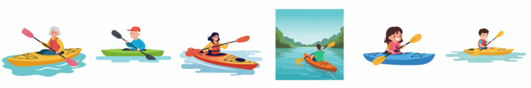 Flat Design Diverse People Enjoying Kayaking Activity on Calm Water Illustration