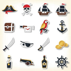 Pirate themed objects floating on parchment paper creating a fun and adventurous atmosphere, perfect for a children's party or nautical themed project.