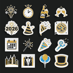 Celebratory new year's eve party elements arranged on a black backdrop to represent festive cheer and anticipation for the upcoming year.