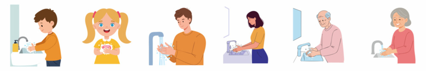 Cartoon Diverse Group of People Washing Hands Illustration