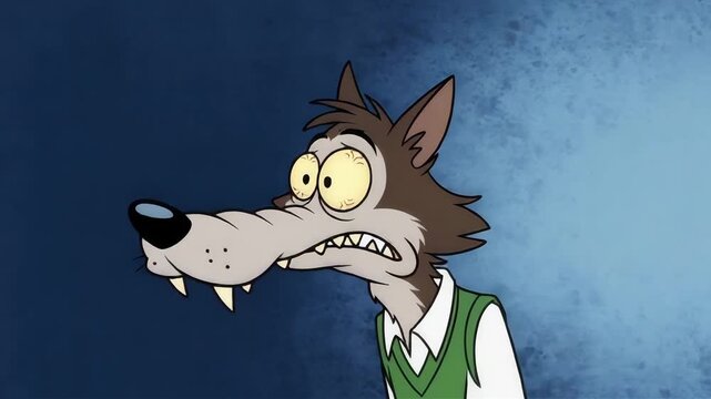 A cartoon wolf with wide, staring eyes and a fearful expression, wearing a green vest over a white shirt