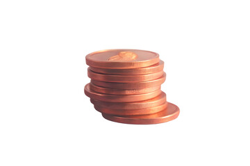 Stack of shiny copper coins isolated on transparent background, closeup shot