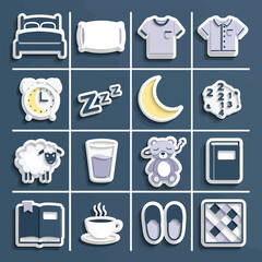 Collection of bedtime related objects arranged on dark blue surface representing a night time routine for restful sleep and relaxation.