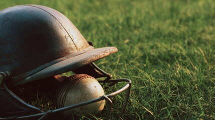 Cricket helmet and ball resting on green grass in late afternoon light