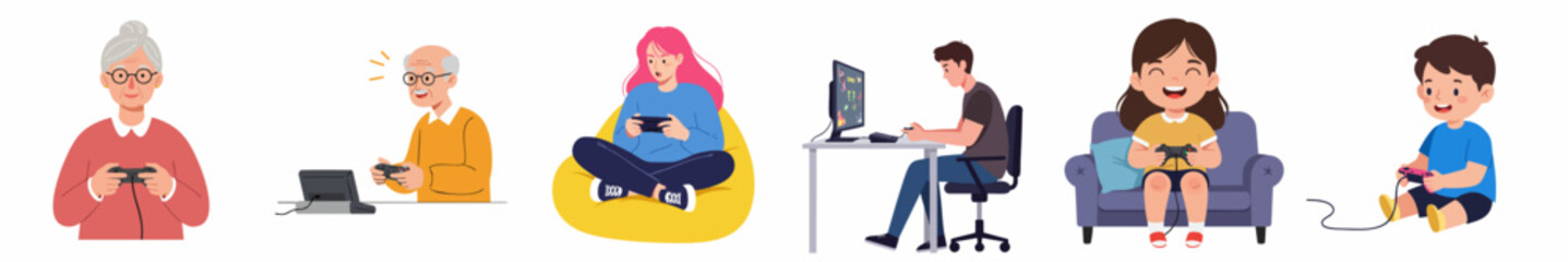 Diverse Cartoon People Playing Game Console at Home Illustration Set