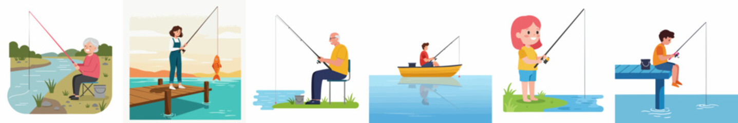 Cute Cartoon Style People Enjoying Fishing in Different Sceneries Illustration