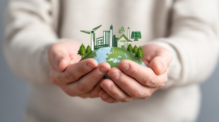 A person's hands holding a globe with various green and brown icons representing different environmental and sustainable practices, set against a neutral background.