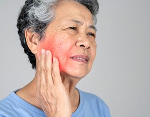 An elderly woman with visible jaw pain and a hand pressed to her face