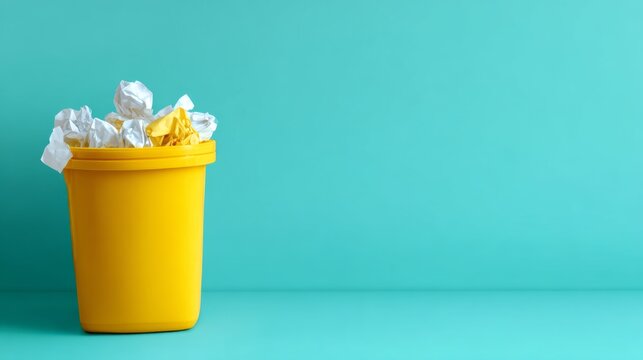 Yellow trash bin filled with crumpled paper sitting against a turquoise background in a tidy space