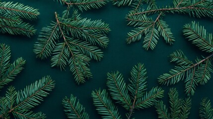 Fresh evergreen branches spread out on a dark background for holiday decorations and crafts