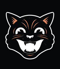 Retro Halloween Cat Illustration - Vintage Black Cat Face Emblem