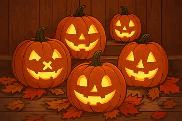 Vector of carved pumpkins with glowing faces arranged on wooden porch with autumn leaves