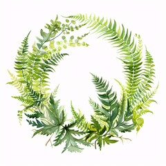 Watercolor wreath of various ferns and greenery