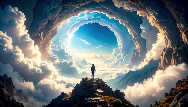 Person stands on a mountaintop overlooking a sky filled with clouds - Powered by Adobe