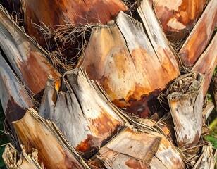 Close-up of a tree's textured base with brown and white patterns
