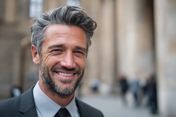 Smiling mature businessman in suit standing confidently outdoors in urban setting