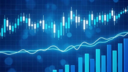 A rising chart financial graph stock market data analysis blue background candlestick bar chart growth trend line graph investment outlook with confident energy financial chart stock market data - Powered by Adobe
