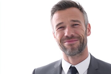 Confident mature businessman smiling in grey suit isolated on white background