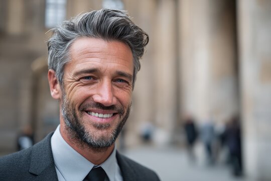 Smiling mature businessman in suit standing confidently outdoors in urban setting