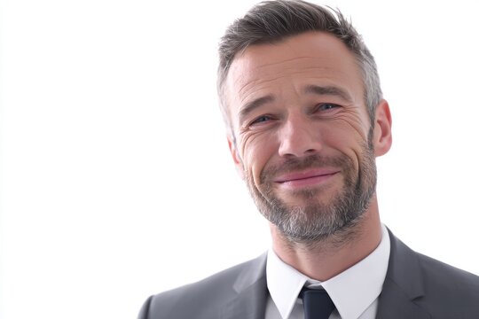 Confident mature businessman smiling in grey suit isolated on white background