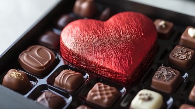 Box of assorted chocolates with a red heart in the middle, ideal for gifting or personal treat