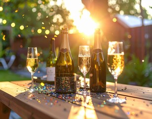Festive outdoor party setup with string lights, champagne bottles, and confetti on a wooden table.