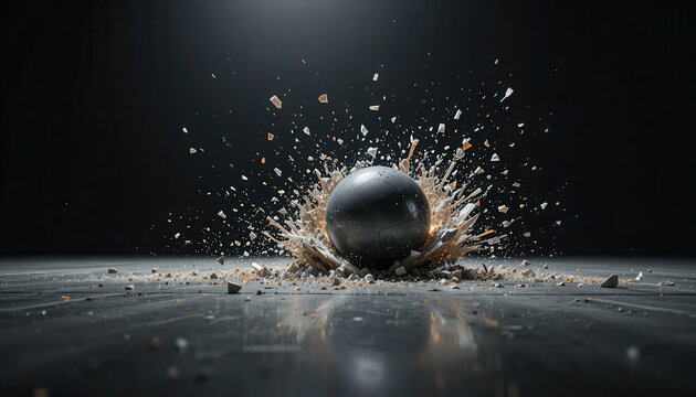 A black metallic sphere impacting ground and creating explosive dust burst in dark studio background, symbolizing power, energy, destruction, and industrial force concept
