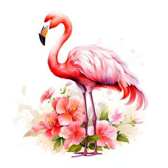 Naklejka premium Pink flamingo standing amidst vibrant hibiscus flowers