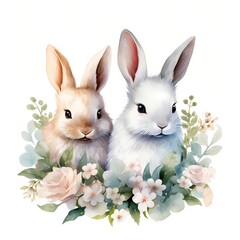 Obraz premium Adorable bunnies nestled amongst a watercolor floral arrangement