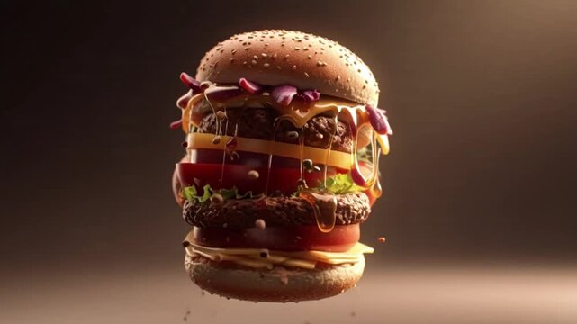 Dynamic burger explosion with fresh ingredients floating, perfect for food ads or culinary content, showing delicious fast food in an artistic way