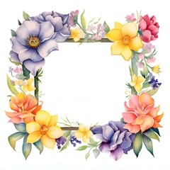 Watercolor floral frame with vibrant blooms and leaves