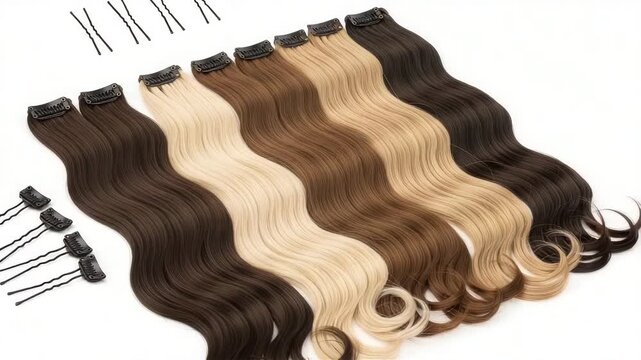 Assortment of wavy clipin hair extensions in various shades, isolated on white background