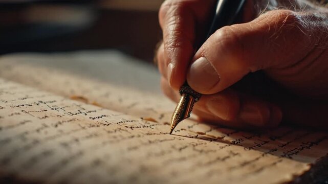 Crafting elegant prose with a vintage fountain pen, capturing thoughts and stories on aged parchment in a moody, atmospheric setting