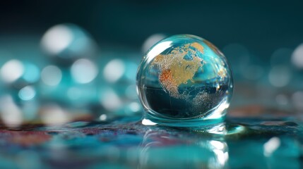 A transparent globe with a yellow and brown continent inside, placed on a colorful, abstract background with a blue and green color scheme.