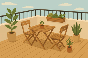 Fototapeta premium Isometric Illustration of a Natural Balcony Terrace with Planters and Table Set
