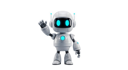 Friendly White Robot Character Waving Hello - Cute Cartoon Mascot for Technology AI and Futuristic Concepts with a Playful and Welcoming Gesture