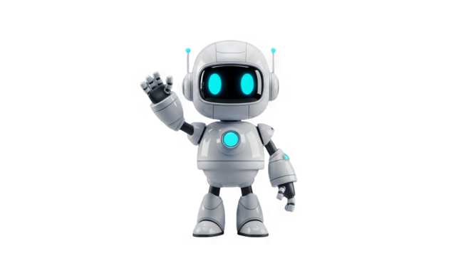 Friendly White Robot Character Waving Hello - Cute Cartoon Mascot for Technology AI and Futuristic Concepts with a Playful and Welcoming Gesture
