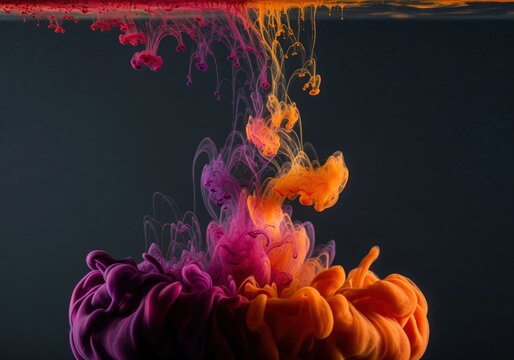 Vibrant orange and magenta ink diffusing in water, creating abstract fluid art patterns