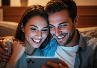 Happy couple watching funny video on smartphone, sharing a joyful moment at home.