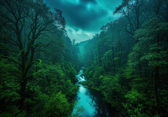 Naklejka premium Lush green forest with a mystical river flowing through a dark, atmospheric landscape