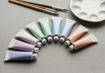 Beautifully composed overhead shot of pastel watercolor paint tubes, brushes, and palette.