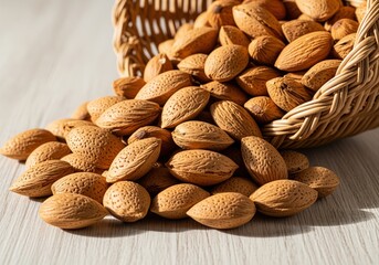 Fototapeta premium Close up of unshelled almonds spilling from a wicker basket on a light wooden surface