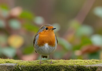 Captivating european robin perched on a moss covered stone wall in a natural setting