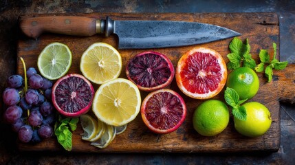 A wooden cutting board with a variety of citrus fruits, including lemons, limes, and blood oranges, along with a knife and fresh herbs, set against a rustic wooden background.