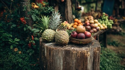 A variety of fresh fruits, including pineapples, apples, and bananas, displayed on a wooden stump in a lush, tropical setting with a backdrop of greenery and foliage.