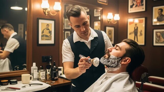 Barber applying shaving cream to a clients beard in a vintage barbershop