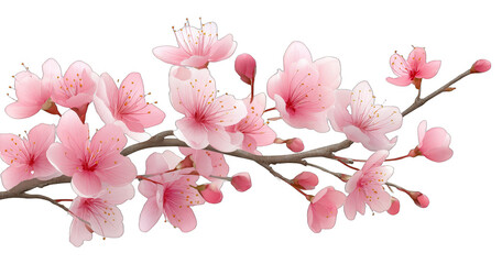 A delicate pink cherry blossom branch in full bloom, showcasing vibrant flowers and buds, representing the beauty of spring flora.