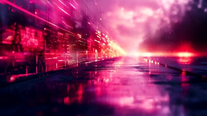 Dynamic neon cityscape with vibrant light trails and reflections, conveying speed and technology, ideal for futuristic projects and modern designs - Powered by Adobe