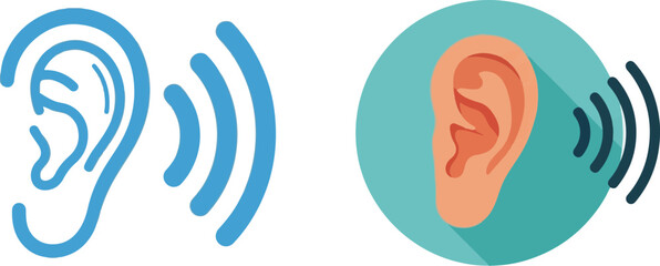 Stylized Ear and Sound Wave Icons in Outline and Flat Design