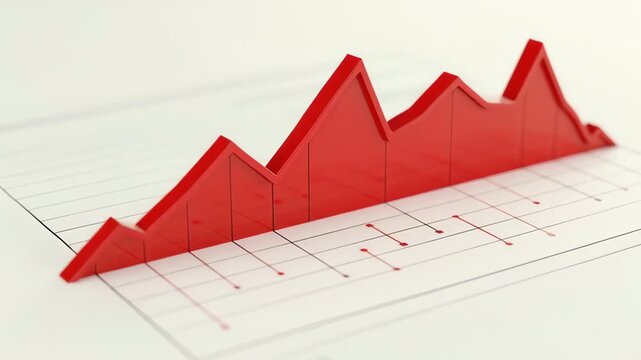 A red chart 3d line chart white paper report with plotted points shows finance data analytics, business investment market trend analysis, economy performance metric forecast, risk volatility rise